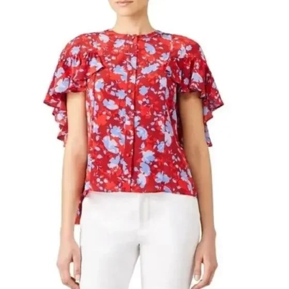 ALEXIS Danijela red & blue silk Floral cape blouse with ruffles | size xs - Picture 1 of 6